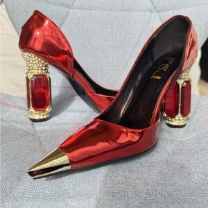 FSJ Red Patent Pointed Toe Chunky Block Low Heel Pumps 8.5